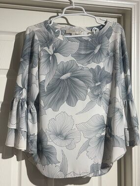 LOFT Cream Blouse with Gray Floral Print and Bell Sleeves